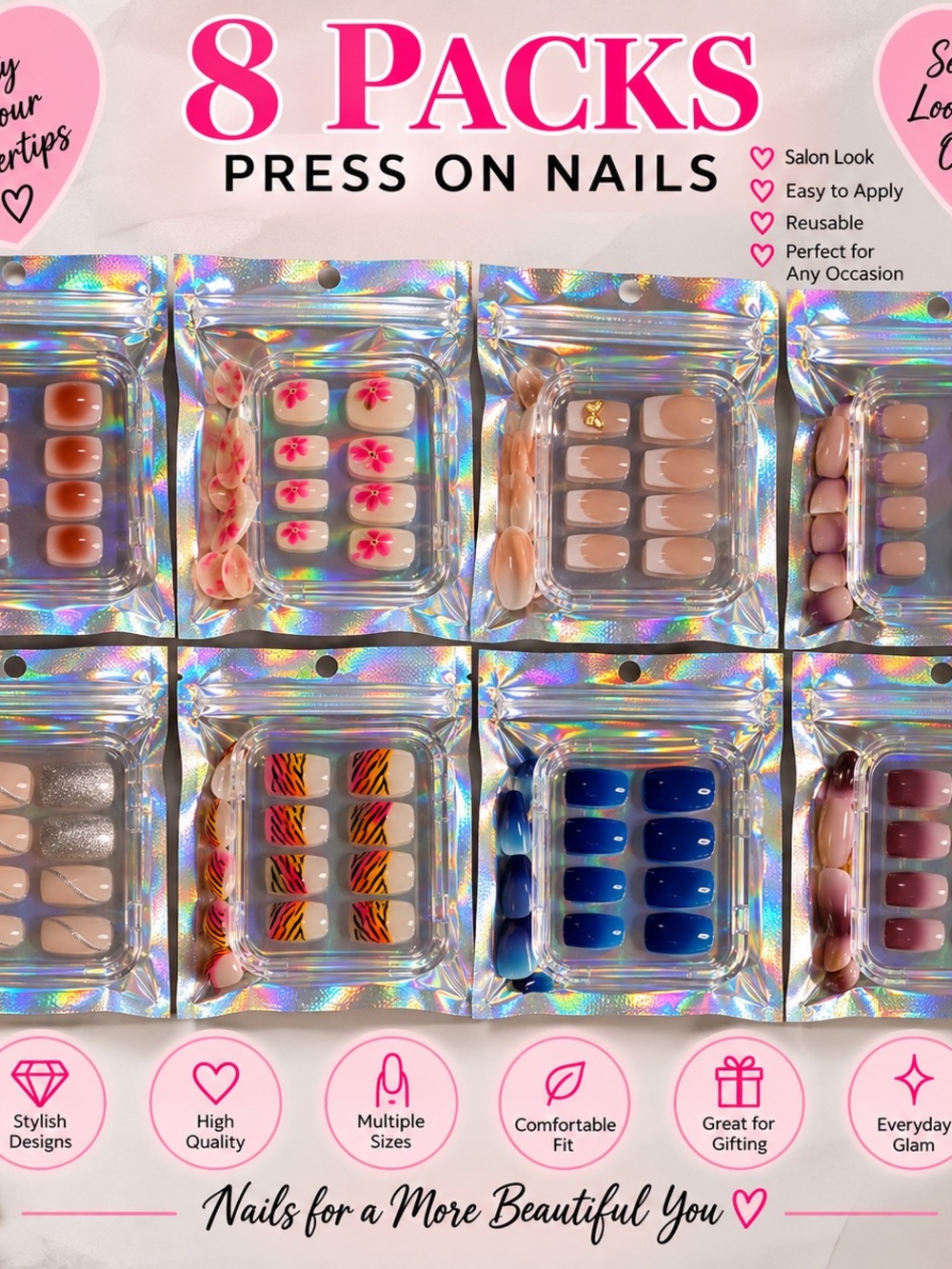 8-Pack Press-On Nails Set — Blue & Neutral Mix